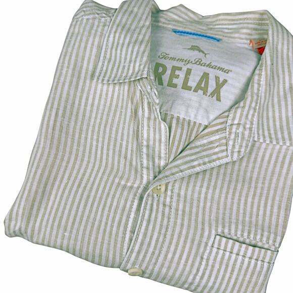 Tommy Bahama Relax 100% Linen Beige Stripe L/S Button Down Shirt Large - Picture 1 of 7